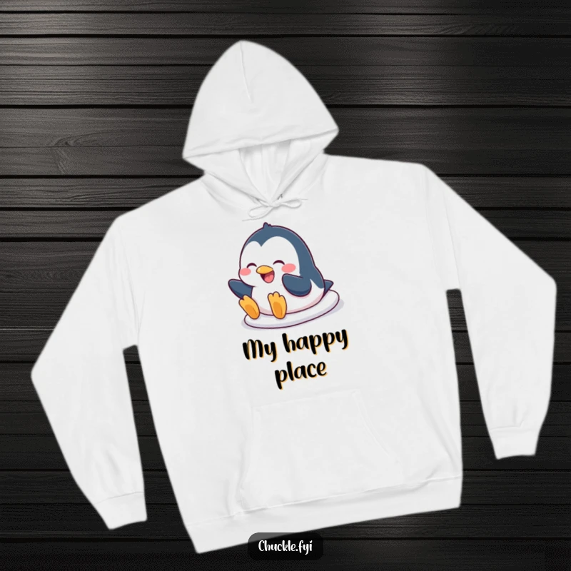Funny penguin hoodie depicting a character in a comical belly slide with a wide, infectious grin, perfect for cozy, humorous wear.