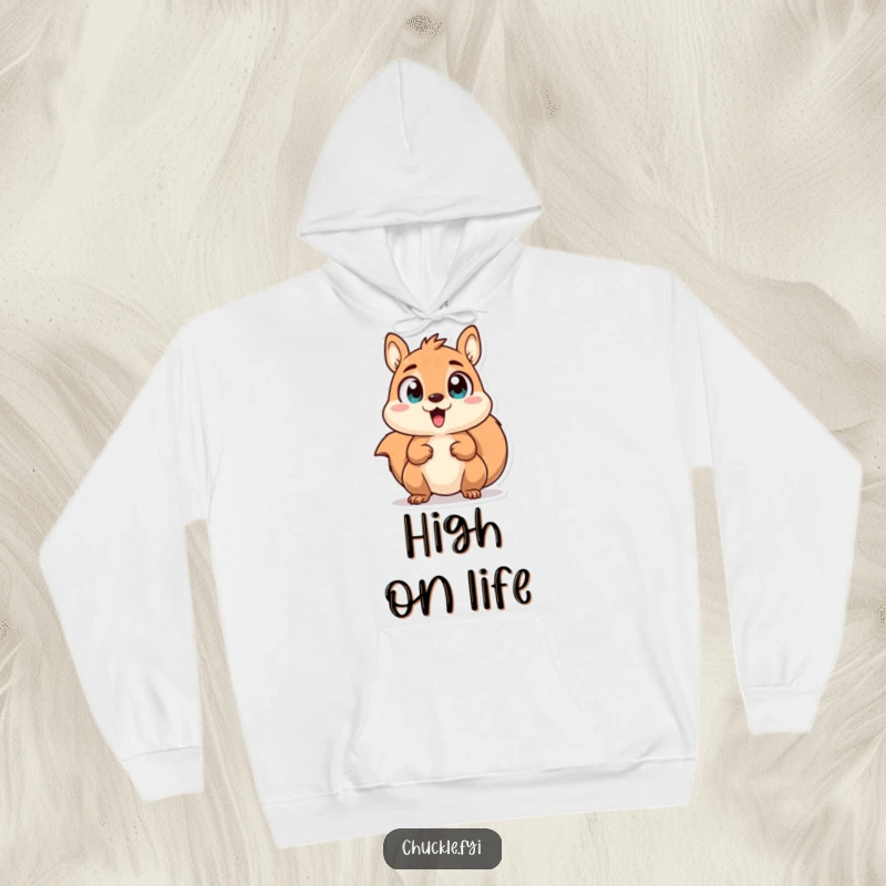 Funny hoodie with a chattering squirrel character, its wide, excited eyes conveying pure, unadulterated enthusiasm.