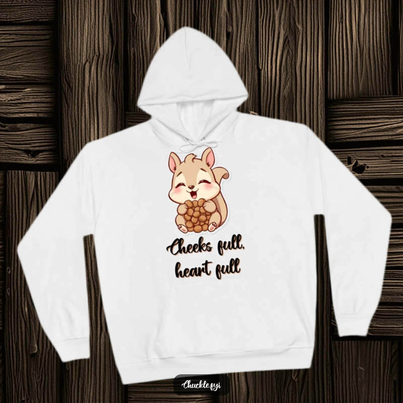 Funny Squirrel Hoodie featuring a happy squirrel with a mouth full of nuts, looking amused, cozy and humorous, ideal funny gift.