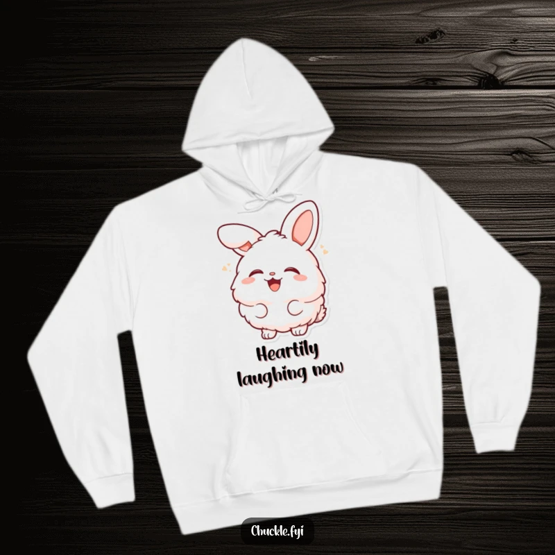 Funny fluffy bunny character laughing heartily with head tilted back on a hoodie, offering warmth and cheerful vibes.
