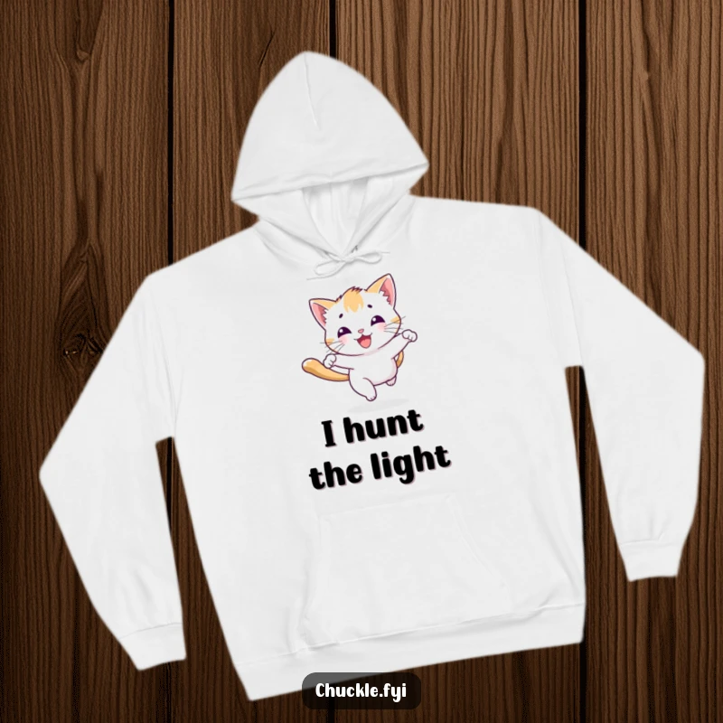 Funny playful kitten hoodie character chasing a beam of light with a joyous bounce, combining comfort and feline fun.