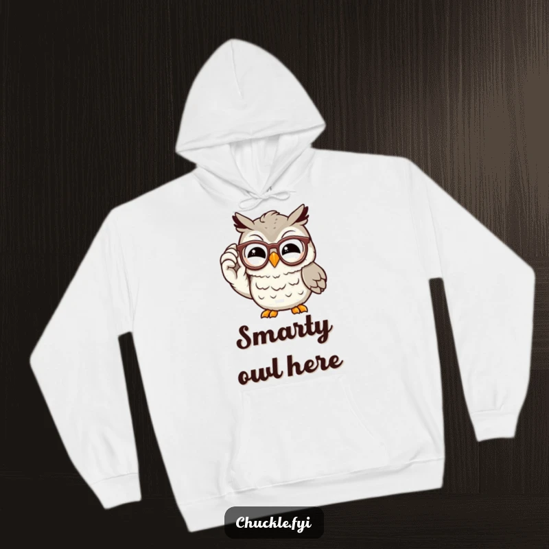Funny owl hoodie with a wise, chuckling cartoon character adjusting its spectacles with a knowing grin, providing cozy and smart humor.