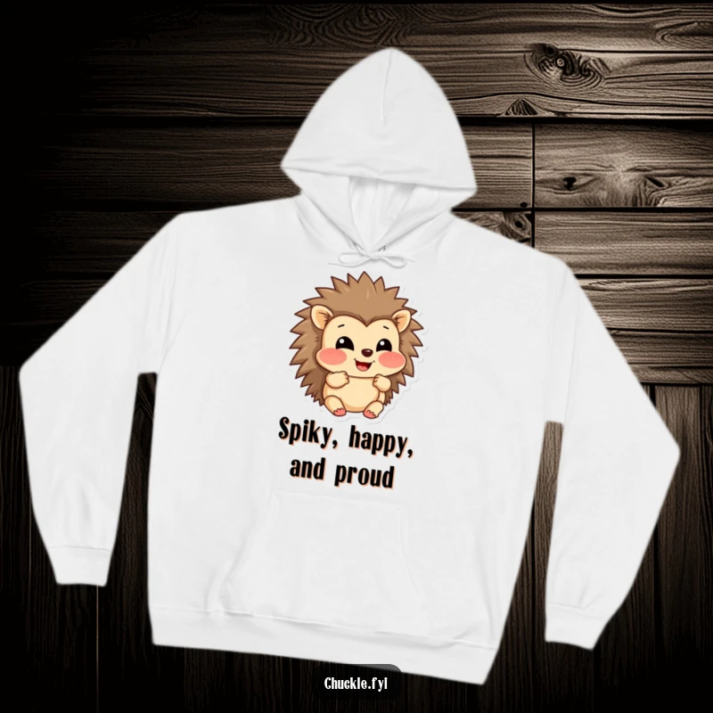 Funny hoodie depicting a grinning hedgehog character comically puffing out its cheeks, radiating amusement and warmth.