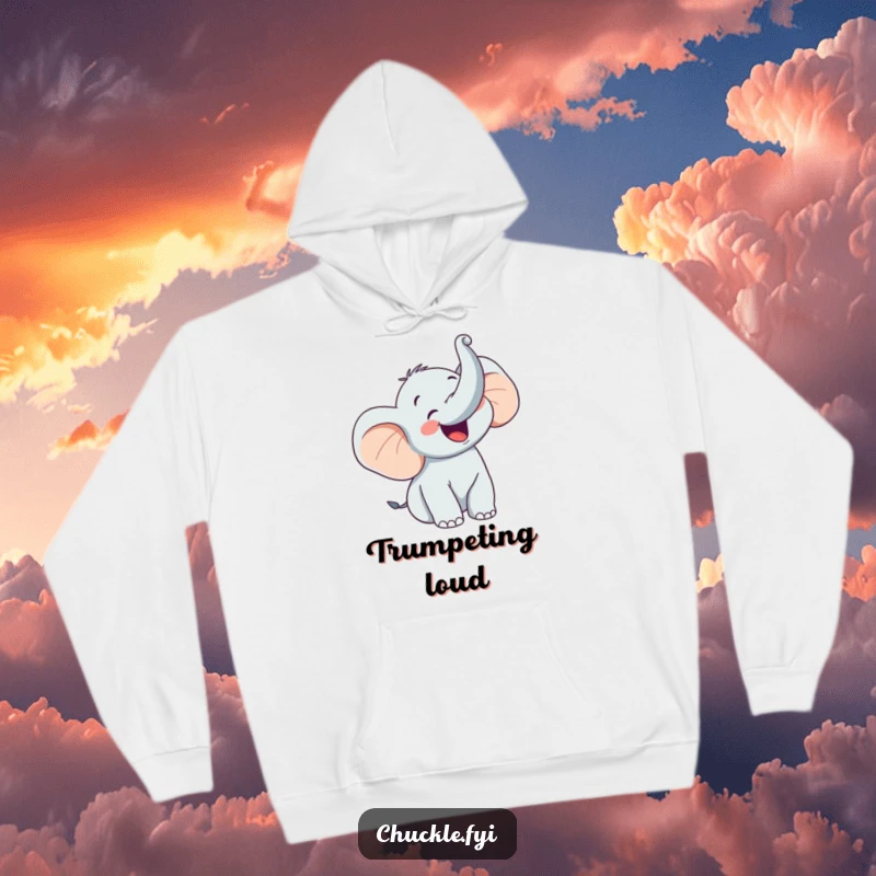 Funny hoodie displaying a happy elephant character trumpeting with glee, trunk raised high in the air, embodying pure exuberance.