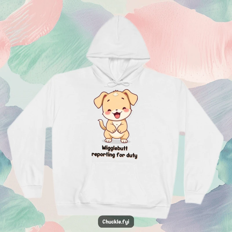 Funny playful puppy character doing a full-body wiggle from wagging its tail, on a cozy hoodie.