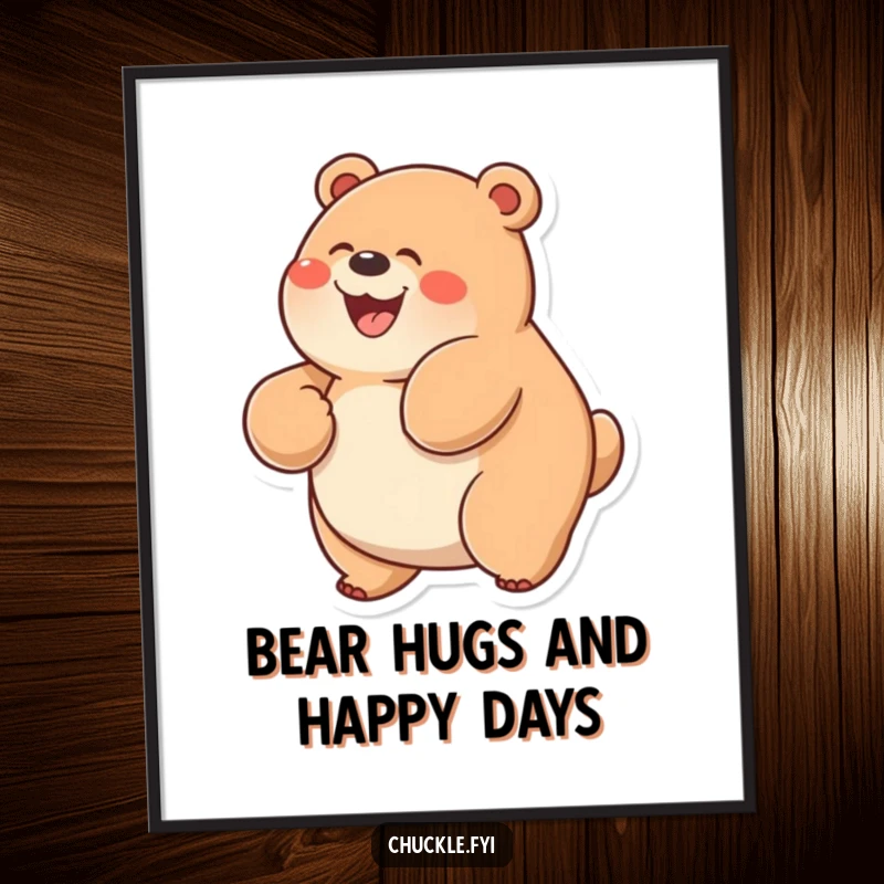 Funny Free Printable Wall Art: A chubby bear character with a wide grin is depicted rolling on its back with pure glee.