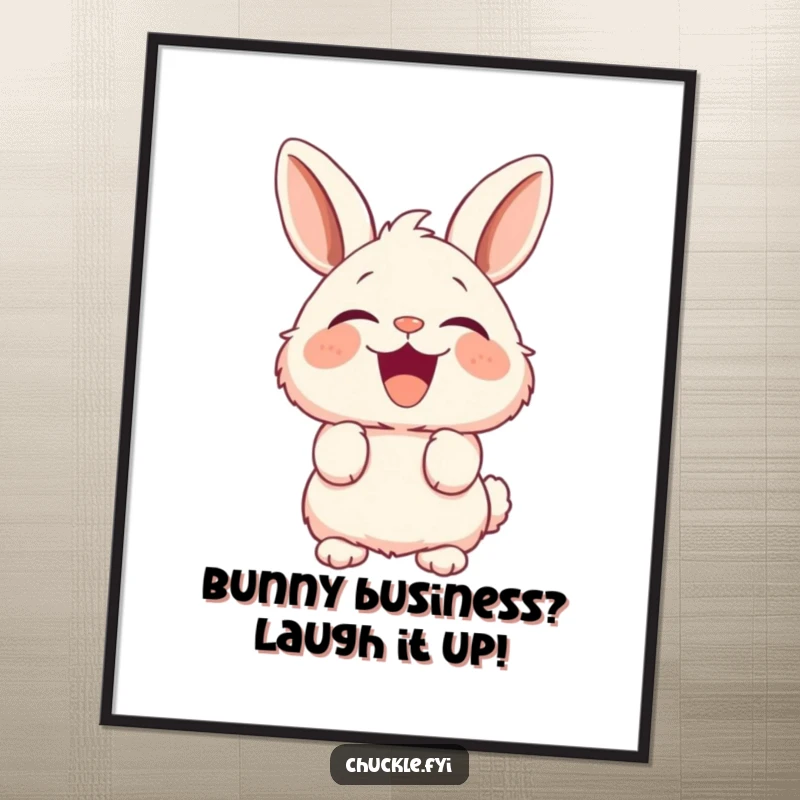 Funny Free Printable Wall Art: A fluffy bunny character with ears perked, captured in a moment of uncontrollable laughter.