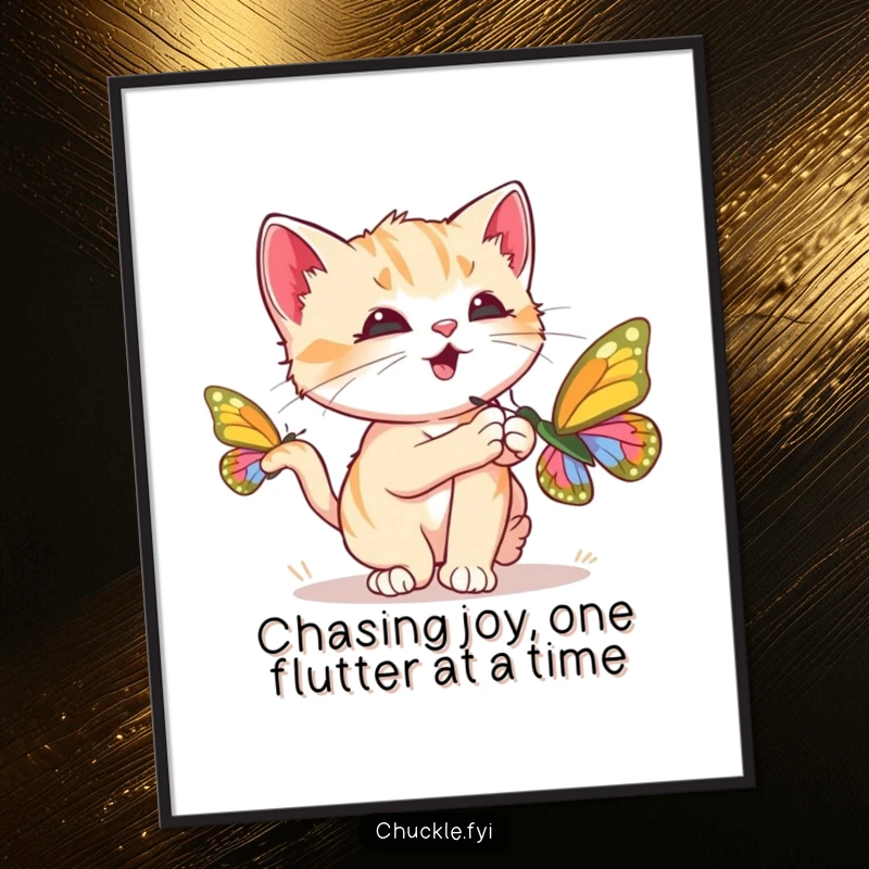 Funny Free Printable Kitten Wall Art: A curious kitten with wide eyes, chasing a vibrant butterfly, purring loudly.