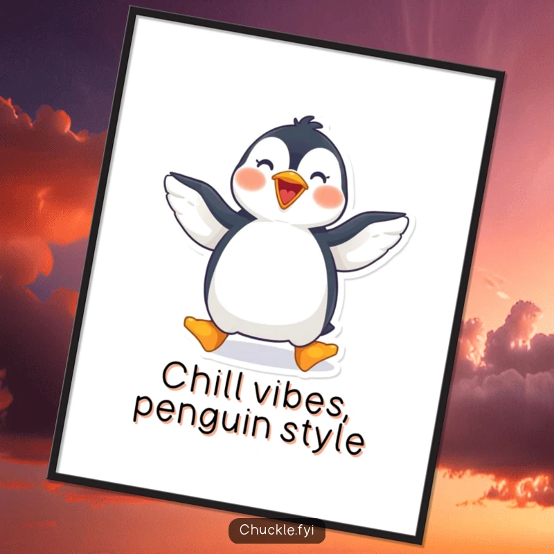 Funny Free Printable Wall Art depicting a cheerful penguin waddling happily with its wings spread wide in pure joy.