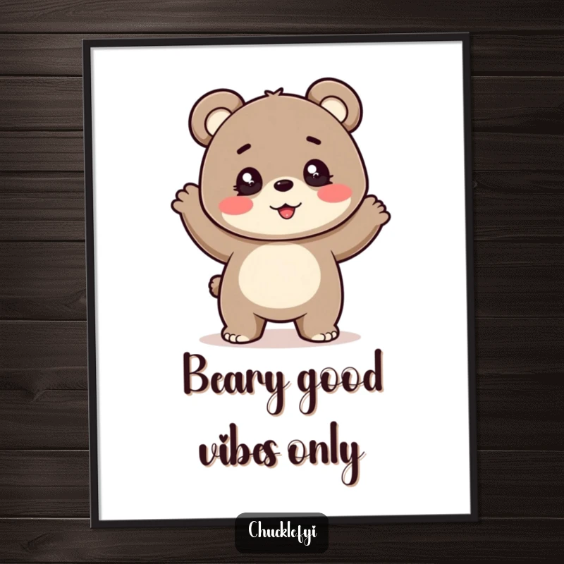 Funny Free Printable Wall Art: A cheerful bear cub with sparkling eyes is captured mid-bounce, dancing joyfully.