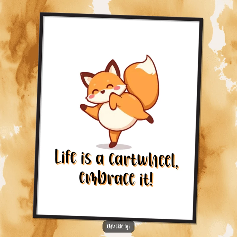 Funny Free Printable Wall Art: Energetic fox doing a cartwheel, tail wagging, bringing vibrant, playful energy indoors!