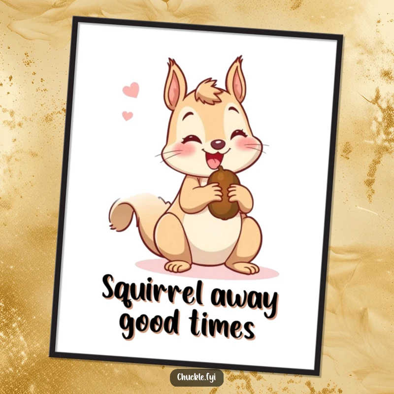 Funny Free Printable Wall Art: A mischievous squirrel chattering happily holding a nut, perfect for quirky decor.