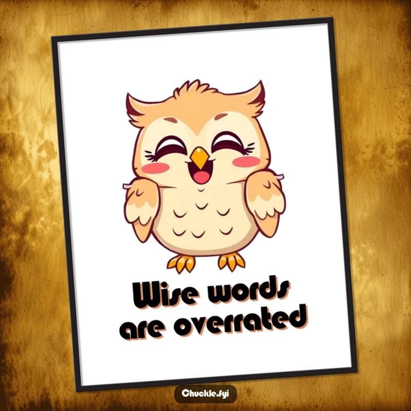 Free Printable Owl Wall Art: An amused owl shakes its head with wide eyes, radiating infectious laughter and cheerful vibes.