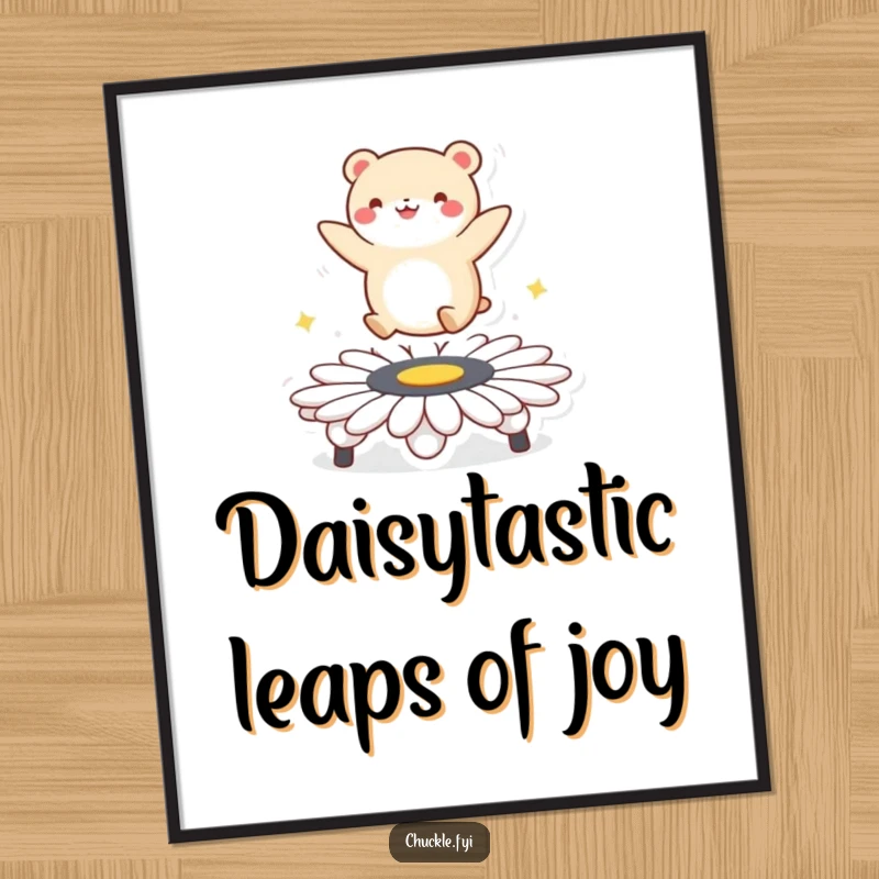 Funny Free Printable Wall Art: Small round animal hilariously bouncing on a giant daisy trampoline, radiating fun.