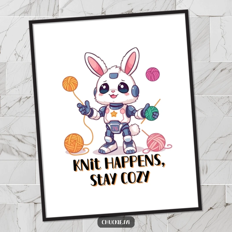 Funny Free Printable Wall Art of a fluffy bunny robot gleefully juggling colorful yarn balls, a whimsical and energetic piece.