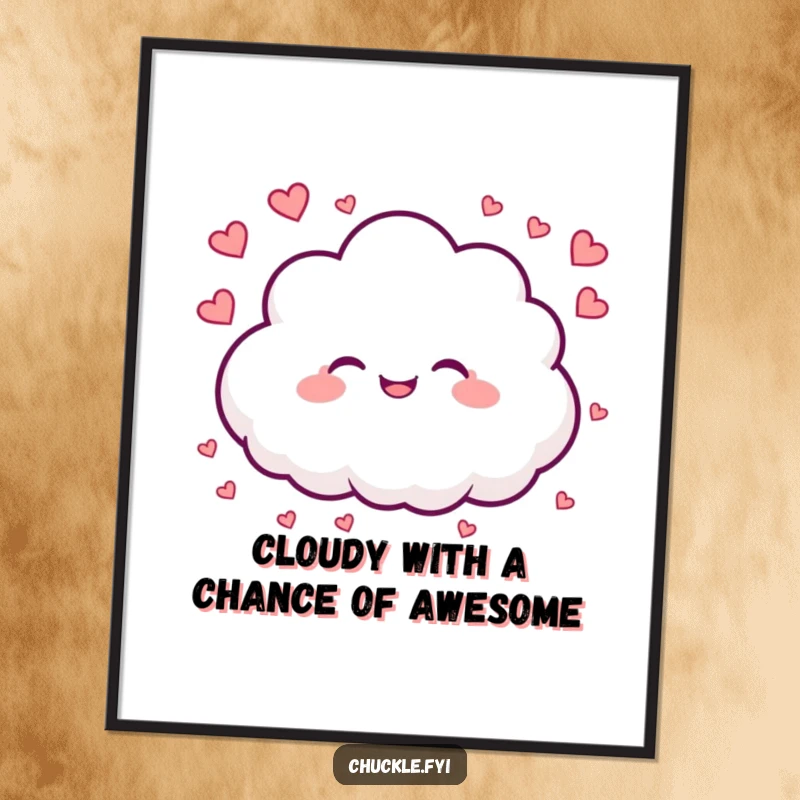 Funny Free Printable Wall Art showing a joyful cloud character raining tiny hearts, a whimsical downloadable piece.