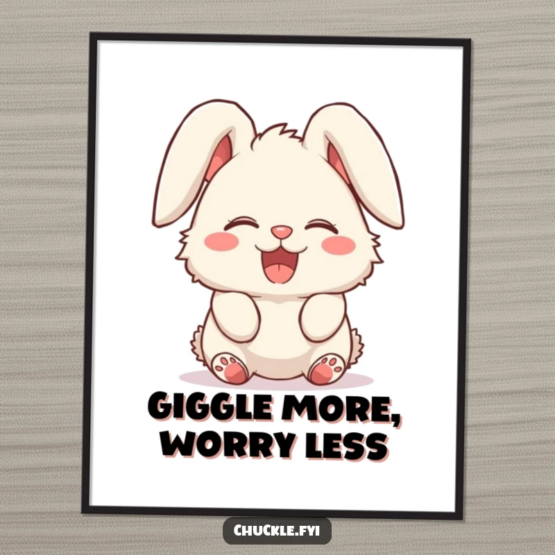 Funny Free Printable Wall Art: A fluffy bunny character shown giggling uncontrollably, its long ears completely flopped over in adorable delight.