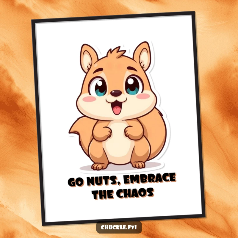 Funny Free Printable Wall Art: Chattering squirrel character with wide, excited eyes, looking animated and lively.