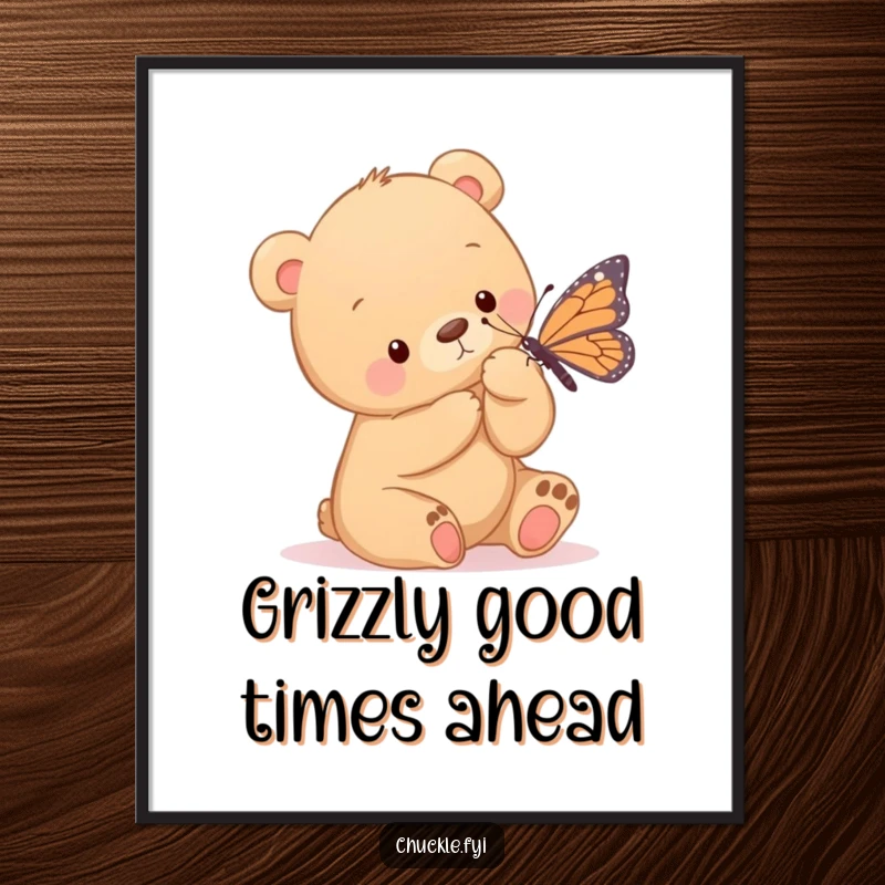 Funny Free Printable Wall Art: A bear cub playfully tickles a butterfly with its giant paw. Adorable downloadable decor.
