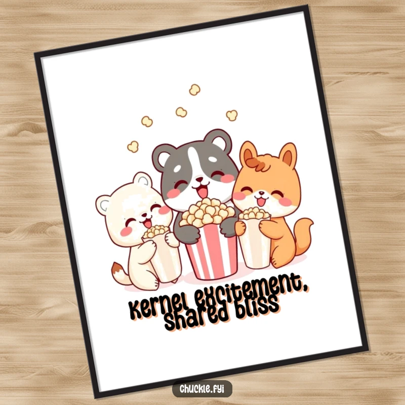 Funny Free Printable Wall Art: Three cute animals delightedly sharing a big bowl of popcorn, perfect for cozy decor.