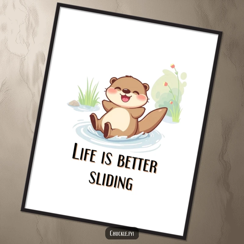 Funny Free Printable Wall Art: A joyful otter character gleefully slides down a smooth riverbank, bringing fun.