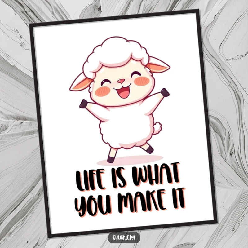 Funny free printable wall art of a joyful sheep with rosy cheeks, happily doing a silly, wobbly dance for decor.
