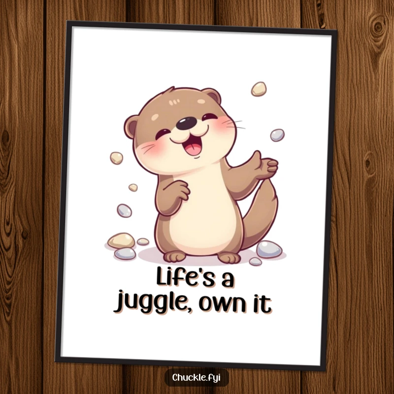 Funny Free Printable Wall Art: A playful otter with a delighted expression juggles shiny pebbles, creating a humorous and charming piece.