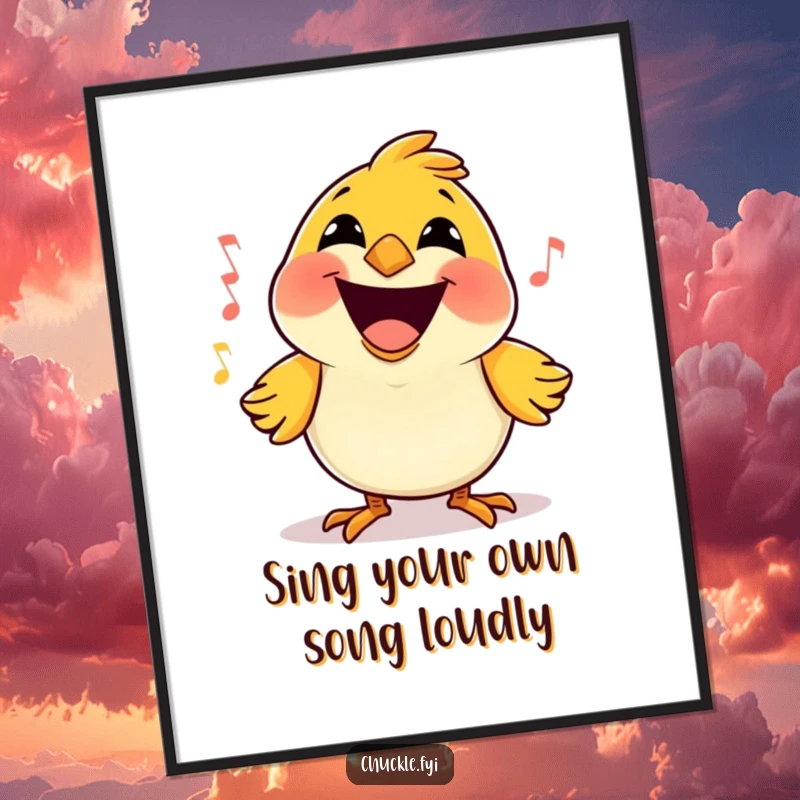 Funny free printable wall art of a happy little bird with a massive grin, singing a joyful tune with gusto.