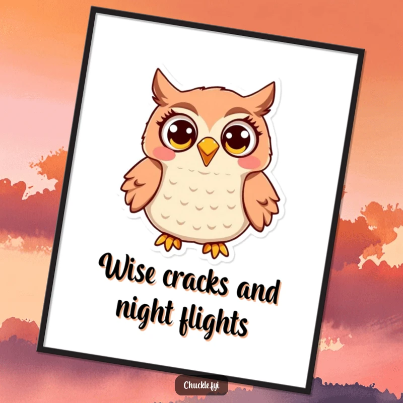 Funny Free Printable Owl Wall Art: Jovial owl with wide eyes, hooting with delight. Whimsical, downloadable owl art for any room.