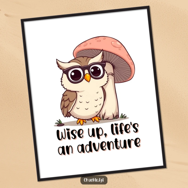 Funny Free Printable Wall Art: A happy owl with spectacles curiously peering at a giant mushroom, creating a whimsical, magical scene.