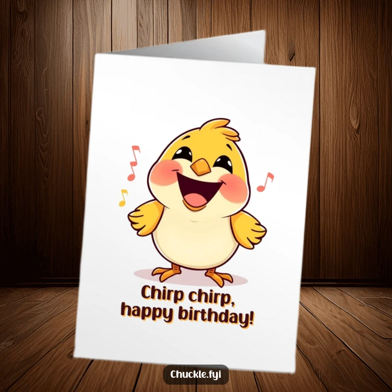 Funny free printable birthday card featuring a happy little bird with a massive grin, joyfully singing a cheerful tune.
