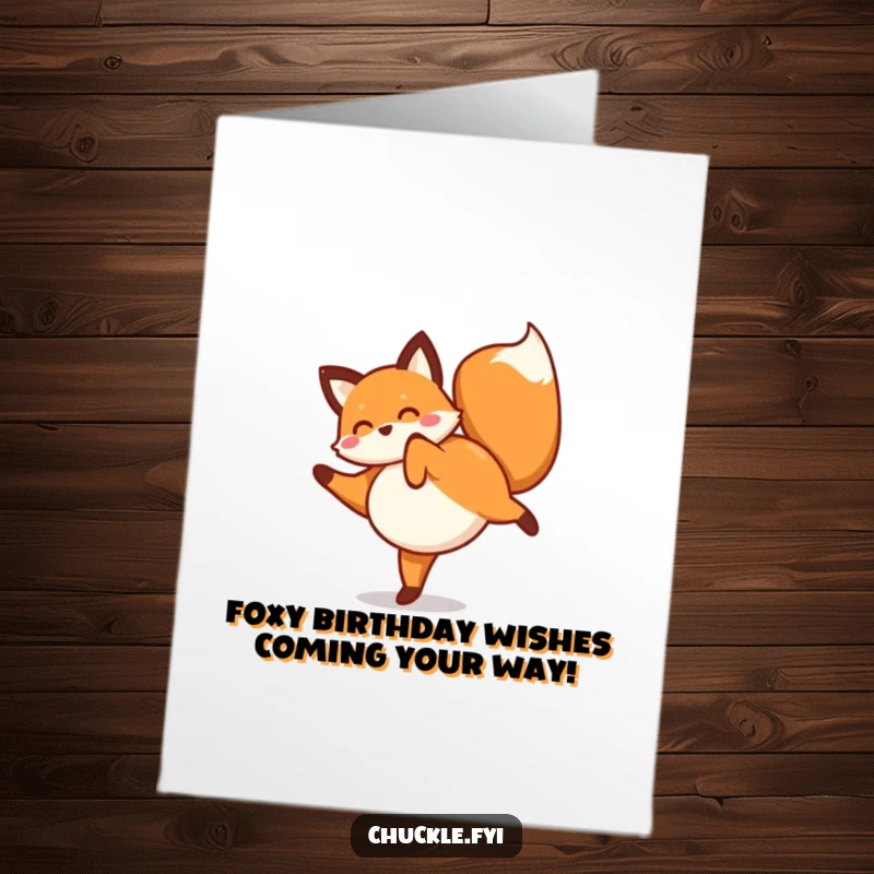 Funny Free Printable Birthday Card: Enthusiastic fox doing a cartwheel, tail wagging, ready to party!