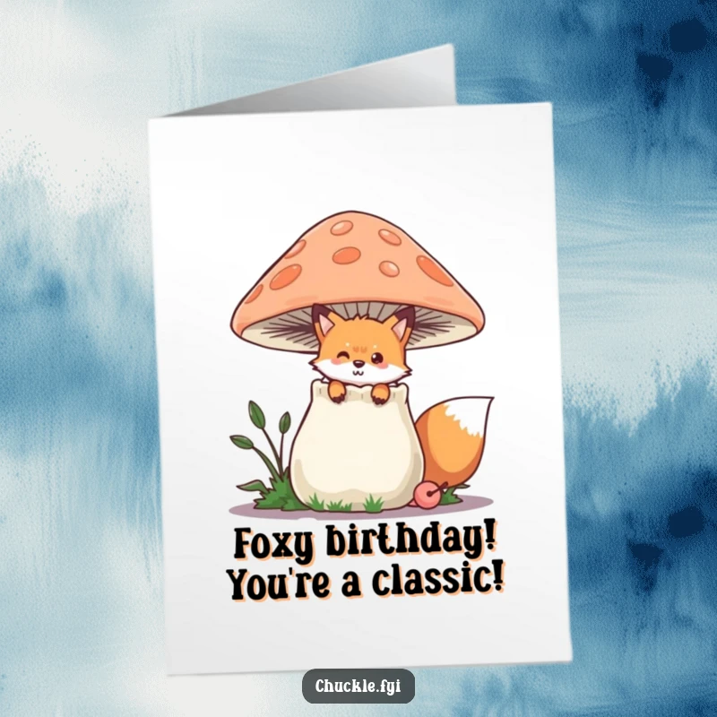 Funny Free Printable Fox Birthday Card: Playful fox peeking from behind a chuckling mushroom, happy birthday wish.