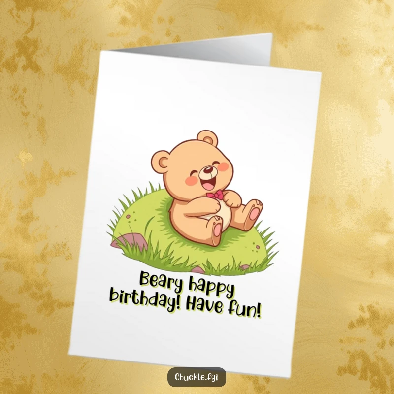 Funny Free Printable Bear Birthday Card: Cheerful bear cub giggling, rolling down a grassy hill with birthday wishes.
