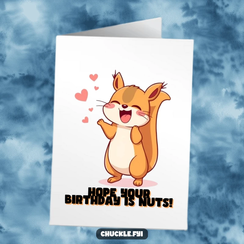 Funny Free Printable Birthday Card: Energetic kawaii squirrel chattering excitedly, jumping mid-air with pure delight.