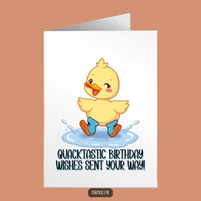 Free Printable Birthday Card: Cheerful Duck in Boots Splashing Fun, Downloadable Gift!
