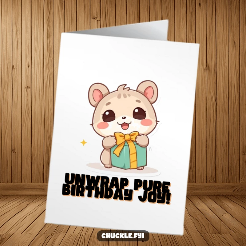 Funny Free Printable Birthday Card: Animal's eyes wide with wonder, excitedly unwrapping a birthday gift, pure surprise.