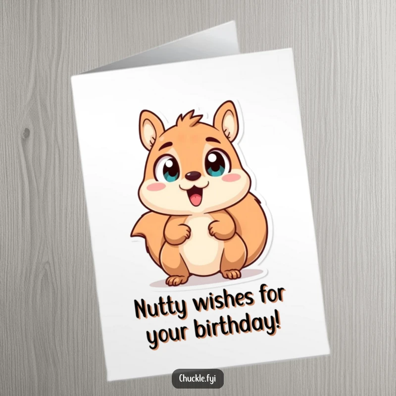 Funny Free Printable Birthday Card: Chattering squirrel character with wide, excited eyes, expressing birthday joy.