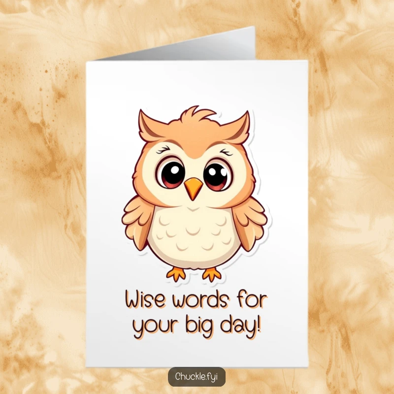 Funny free printable birthday card featuring a cartoon owl with wide eyes, ruffled feathers, and a hearty chuckle.