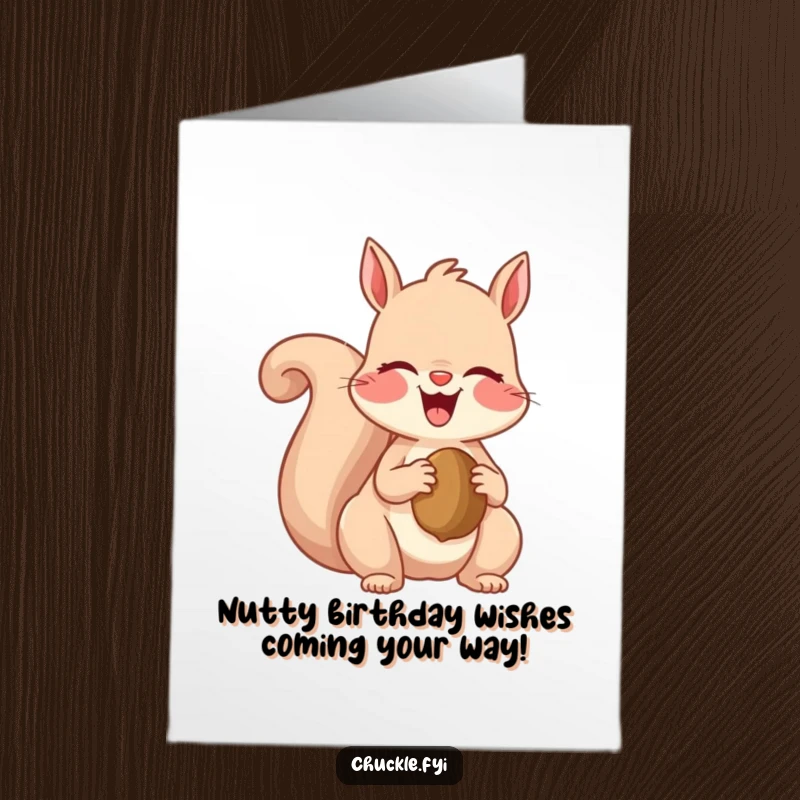 Funny Free Printable Birthday Card: Giggling squirrel clutches a nut, radiating pure joy and mischief. Perfect for a downloadable greeting.