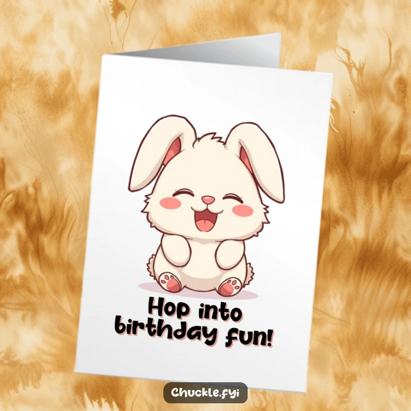 Funny Free Printable Birthday Card: Fluffy bunny character giggling uncontrollably, its long ears flopped over in extreme delight.