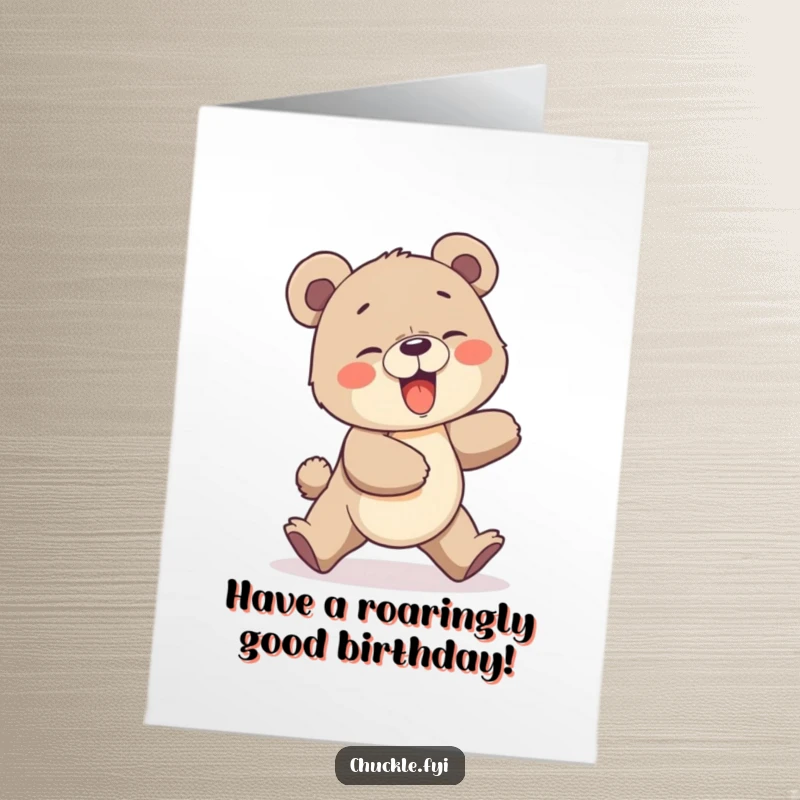 Funny Free Printable Birthday Card: A giggling bear cub comically chasing its own tail in a playful, dizzying spin.