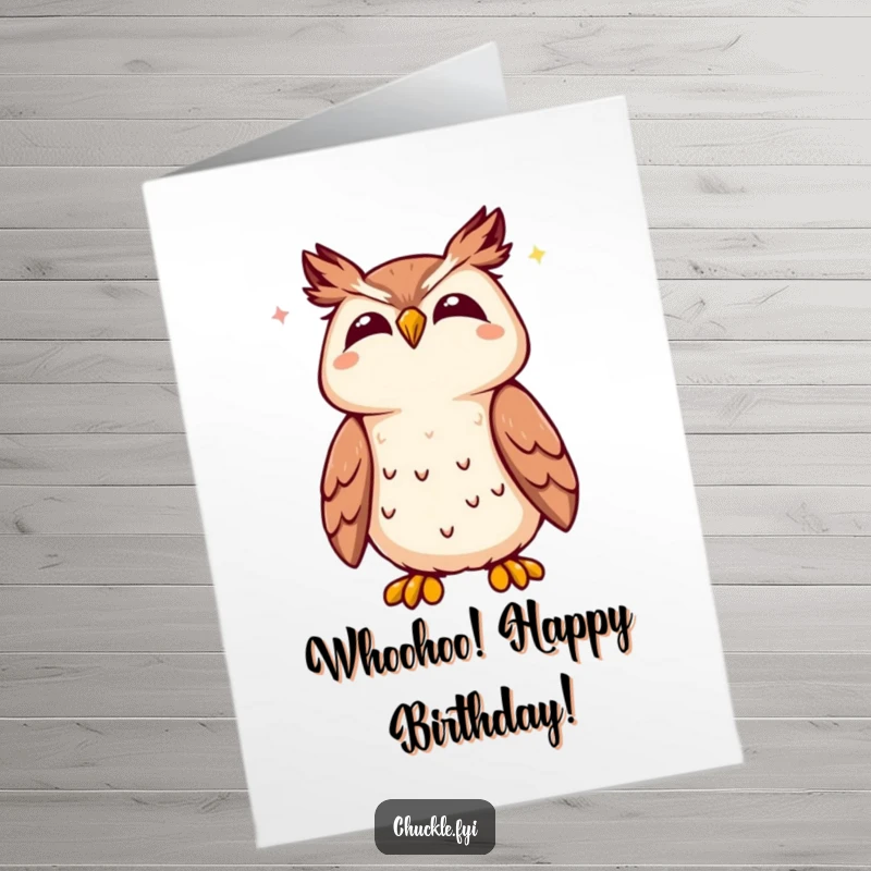 Funny Free Printable Birthday Card: A cute kawaii owl tilting its head back, letting out a cheerful, joyful hoot.