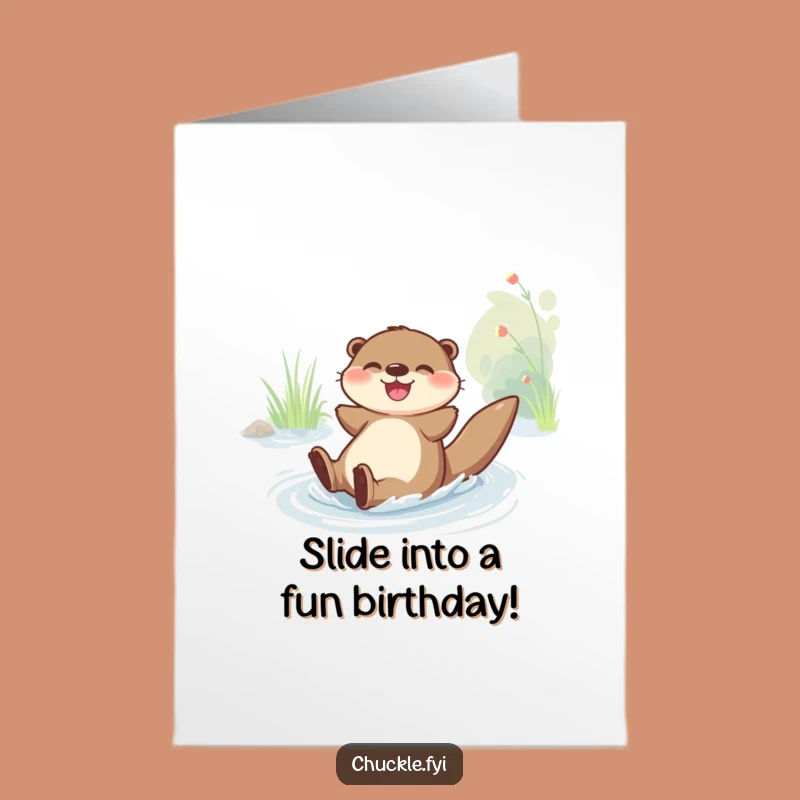 Free Printable Birthday Card: Joyful Otter Slide! Humorous Downloadable Gift for Fun