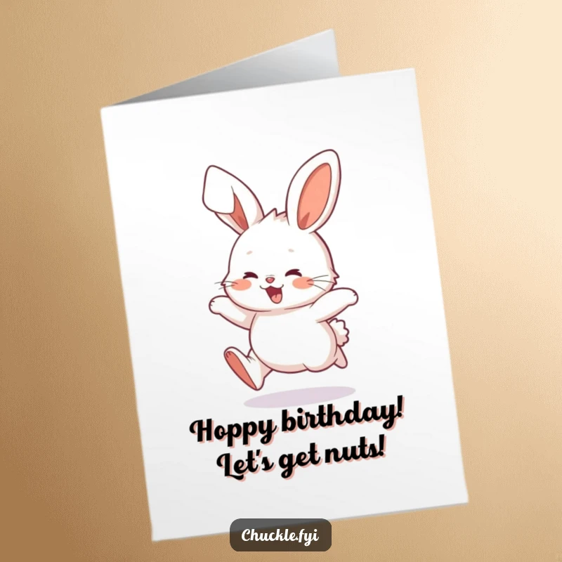 Funny Free Printable Bunny Birthday Card: Energetic bunny hopping, ears flopping with pure delightful joy.