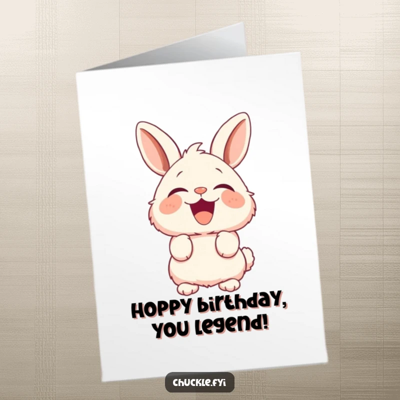 Funny Free Printable Birthday Card: Fluffy bunny with perked ears erupting in laughter, ready to deliver birthday jokes.
