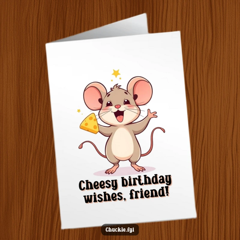 Funny Free Printable birthday card: a delighted mouse character performing a joyous jig, holding a wedge of cheese.