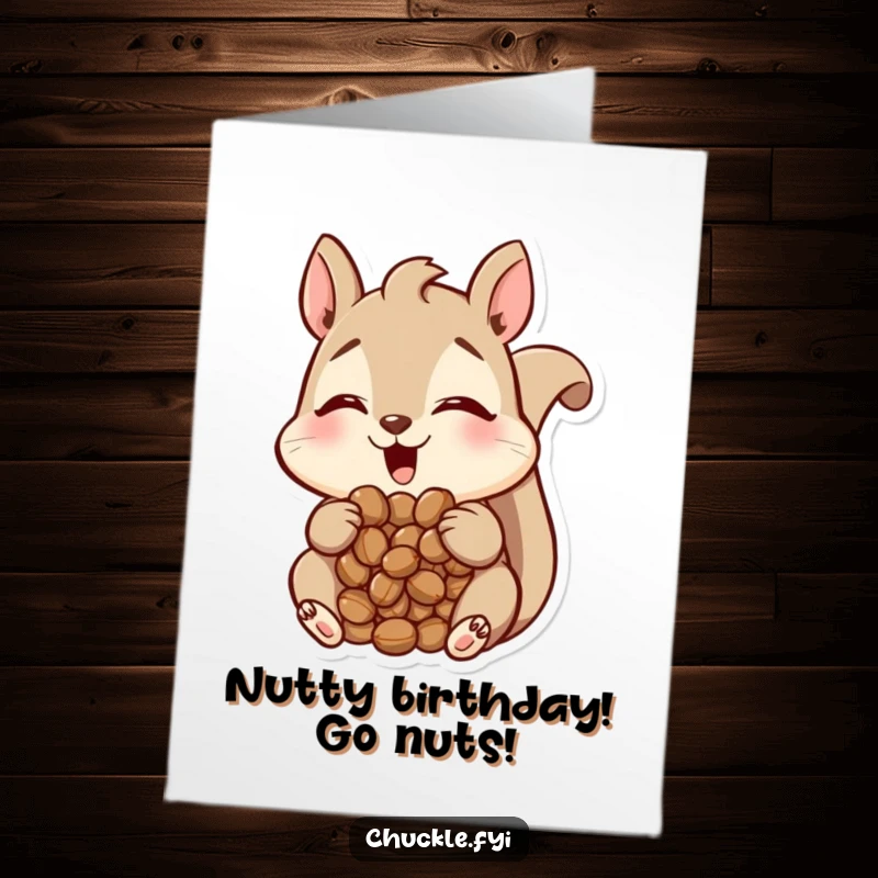 Funny Free Printable Squirrel Birthday Card: Happy squirrel with cheeks full of nuts, looking amused, birthday wishes.