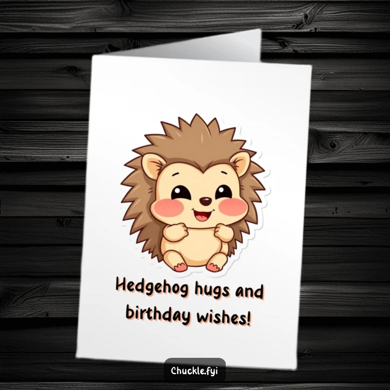 Funny Free Printable Birthday Card: A grinning hedgehog character puffing out its cheeks comically in sheer amusement.