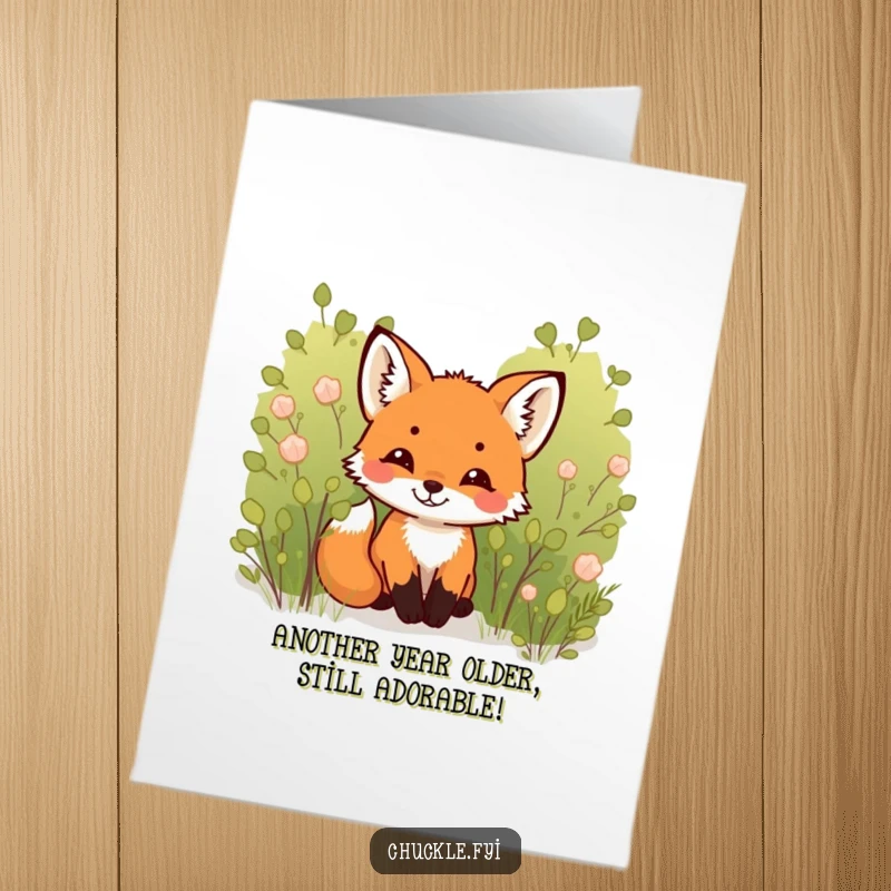 Funny Free Printable Fox Birthday Card: Tiny cub peeking from bush, chuckling with mischief. A delightful downloadable greeting.